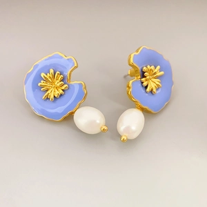 Retro gold earrings with light blue enamel disks and white teardrop pearl pendants