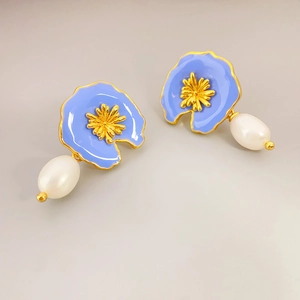 Vintage Blue Enamel Flower Drop Earrings With 925 Sterling Silver Earring Post And Teardrop Faux Artificial Pearl Elegant Jewelry
