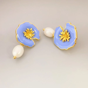 Elegant vintage blue enamel flower earrings with gold stamens and white teardrop pearls