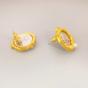 Vintage Baroque stud earrings with gold embossed portrait, green gem and white pearl