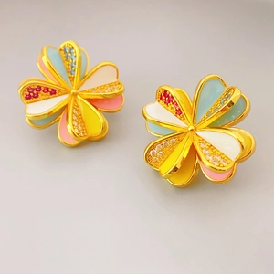 Boucles d'oreilles trèfle à quatre feuilles en émail avec zircons colorés