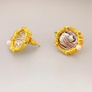 Vintage relief coin earrings with silver portrait and pearl gold trim on white base