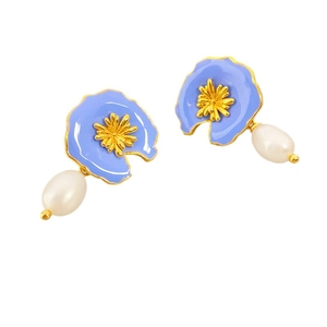 Retro enamel flower earrings with blue petals and white teardrop pearl drops