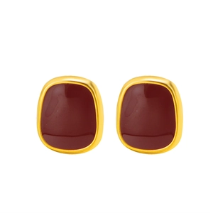 French vintage square burgundy stud earrings with golden metallic frame on white background