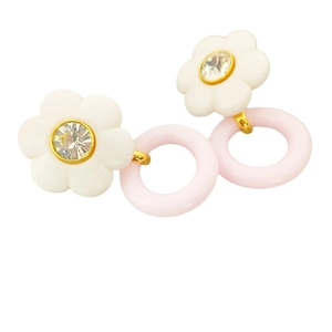 Floral resin earrings with white petals, rhinestone center and pink hoop pendant
