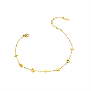 Goldfarbene Edelstahl-Fußkette für Damen mit Kleeblatt-, Quadrat- und Sternanhängern