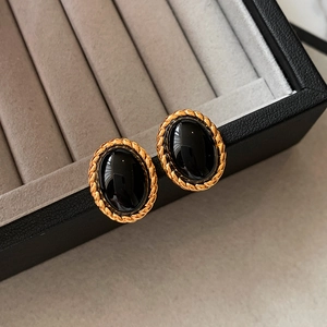 Vintage Ovale Ohrstecker Für Damen Titanstahl Vergoldet Schwarzer Achat Tigerauge Stein Retro Metall Twist Design