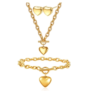 Set di Gioielli in Acciaio Inossidabile a Cuore per Donna Catena Grossa Collana Bracciale con Chiusura OT Orecchini Oro Argento