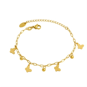 Bracelet papillon doré avec détails de glands et chaîne en acier plaqué or 18 carats