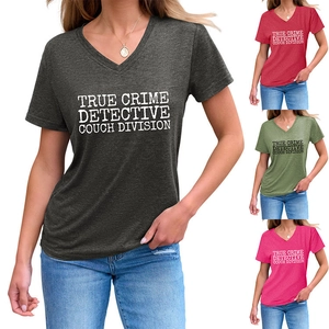 Detail view of True Crime Detective V-neck t-shirts in grey, red, green and pink colors