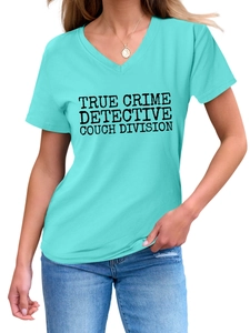 Detail of teal V-neck T-shirt featuring True Crime Detective Couch Division print