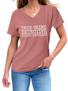 Detail of V-neck T-shirt in brick red with True Crime Detective print on the chest