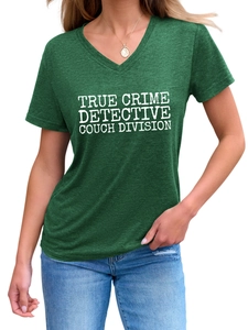 Detailed view of V-neckline and True Crime Detective print on dark green cotton T-shirt