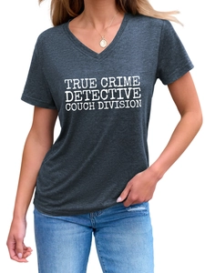 Detail of V-neck dark grey t-shirt featuring True Crime Detective printed text graphic