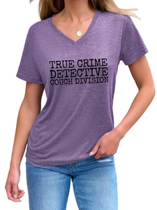 Detail of purple V-neck T-shirt with black True Crime Detective Couch Division print