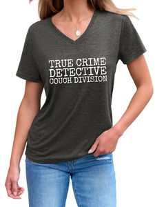Detail of V-neck collar and white letter print on dark grey cotton blend t-shirt