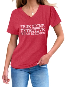 Detail of red heather V-neck tee with white True Crime Detective Couch Division print