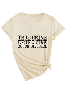 Detail of V-neck T-shirt with True Crime Detective print and stylish front knot design