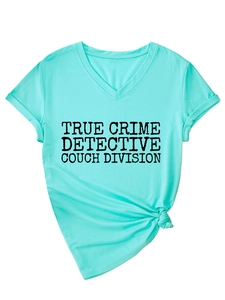 Detail of V-neck light blue T-shirt with True Crime print and stylish side knot design
