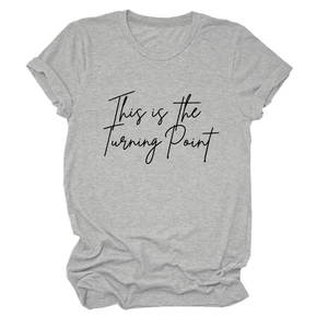 Detailed view of grey cotton T-shirt featuring This is the Turning Point printed text
