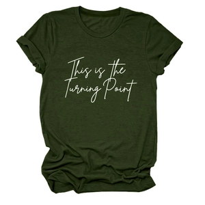 Detail of army green crewneck t-shirt with white 'This is the Turning Point' print