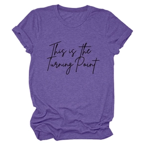 Detail of purple heathered T-shirt with 'This is the Turning Point' printed slogan
