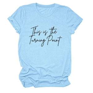 Sky blue crew neck T-shirt with This is the Turning Point print on white background