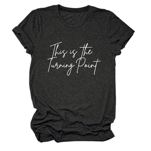 Detail of cuffed sleeves and white text on dark gray charcoal cotton T-shirt