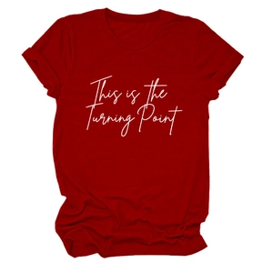 Close-up of the red crew neck T-shirt featuring This is the Turning Point print