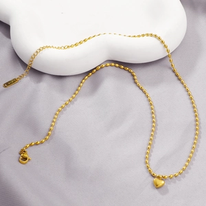 Minimalist 18K gold plated heart pendant necklace with elegant rice bead chain design