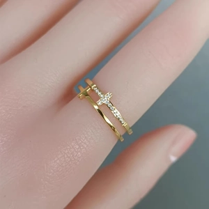 Double-layered gold titanium steel cross ring for women with white zircon embellishments