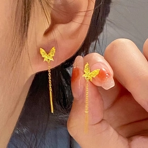 Butterfly Tassel Ear Thread Earrings Titanium Steel Gold Plated Long Chain Dangle For Women Light Luxury Non-fading