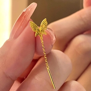 Elegant gold butterfly tassel ear threaders in titanium steel with detailed engraving