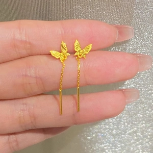 Elegant gold butterfly tassel earrings with long chain design in non-fading titanium steel