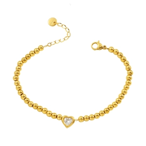 18K gold plated stainless steel beaded heart bracelet with zircon stone on white background