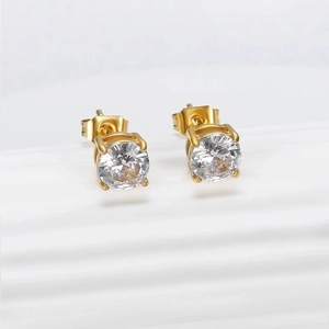 Exquisite gold-plated titanium steel studs with four-claw brilliant-cut zircon stones