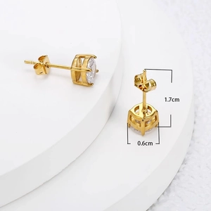 Elegant gold titanium steel stud earrings with brilliant four-claw cubic zirconia stones