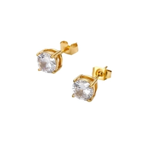 Exquisite gold titanium steel stud earrings with four-claw round zircon settings