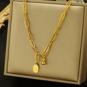 Double-layer gold calabash bracelet with lucky charm in durable stainless steel
