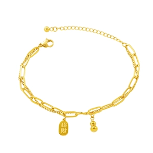 Gold-plated stainless steel double-layered bracelet with gourd and lucky coin pendants