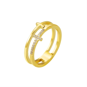 Goldener Doppel-Kreuzring für Damen mit poliertem Finish und funkelnden Zirkoniasteinen