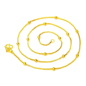Polished gold box chain necklace with spherical bead accents and S-hook clasp