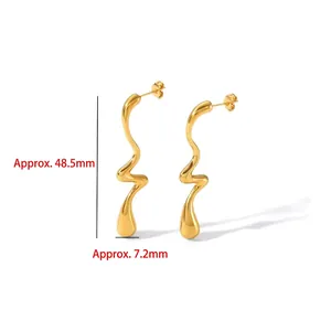 Abstract 18K gold plated stainless steel wave earrings with dimensions of 48.5mm by 7.2mm