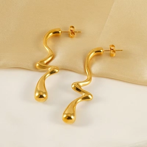 Irregular Wave Drop Stud Earrings 18K Gold Plated Stainless Steel Fluid Lava Shape Elegant Modern Jewelry For Women