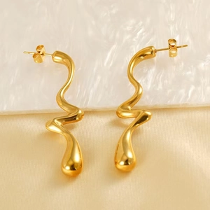 Elegant 18K gold plated stainless steel wavy earrings with fluid water drop shape