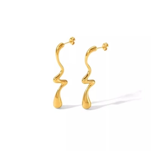 Polished 18K gold plated stainless steel wave earrings with fluid melting design