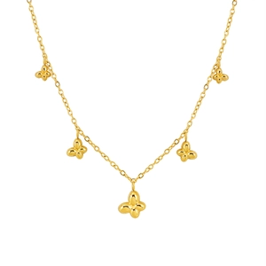 Gold butterfly necklace with five polished 3D butterfly pendants on a glossy O-chain