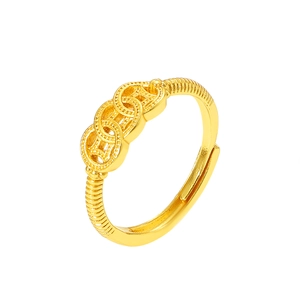 Bague ouverte vintage en forme de pièce en cuivre doré évidée pour femmes