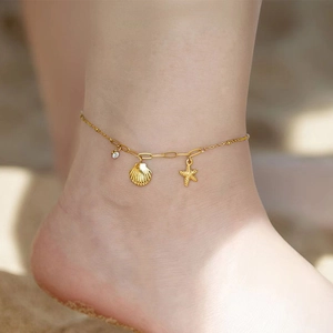Goldbeschichtetes Edelstahl Muschel Seestern Zirkonia Anhänger Fußkettchen Für Damen Ozean Thema Strand Fußschmuck Geschenk
