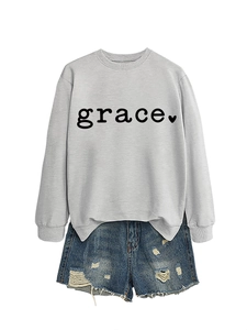 Close-up of grace heart print sweatshirt and distressed denim shorts casual set